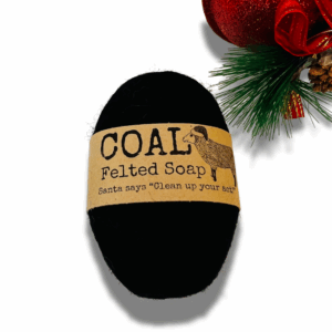 Black Wool Felted Soap by the Twisted Purl in Christmas/Holiday Coal for a funny quick gift for those who may be on Santa's naughty list.